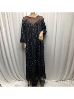 Hekka Black Maxi Dress Womens XL Sheer Mesh Neck Lace Hem Witchy Whimsigoth NEW